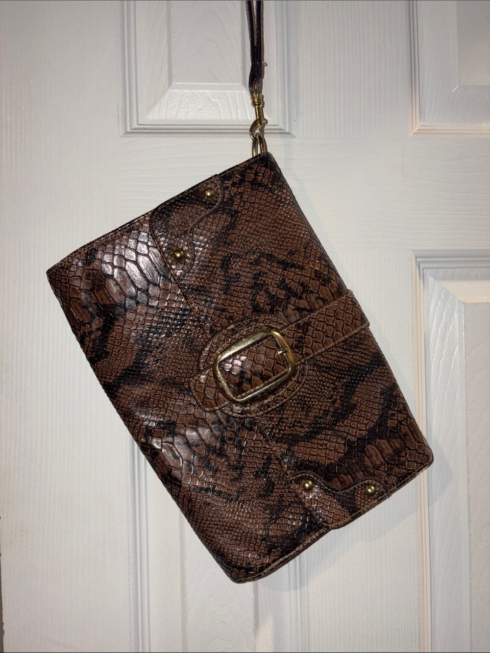 Brown Snake-Embossed Leather Wristlet Clutch